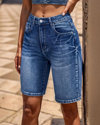 Embroidered Mid-Waist Denim Bermuda Shorts