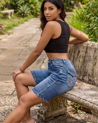 Embroidered Mid-Waist Denim Bermuda Shorts
