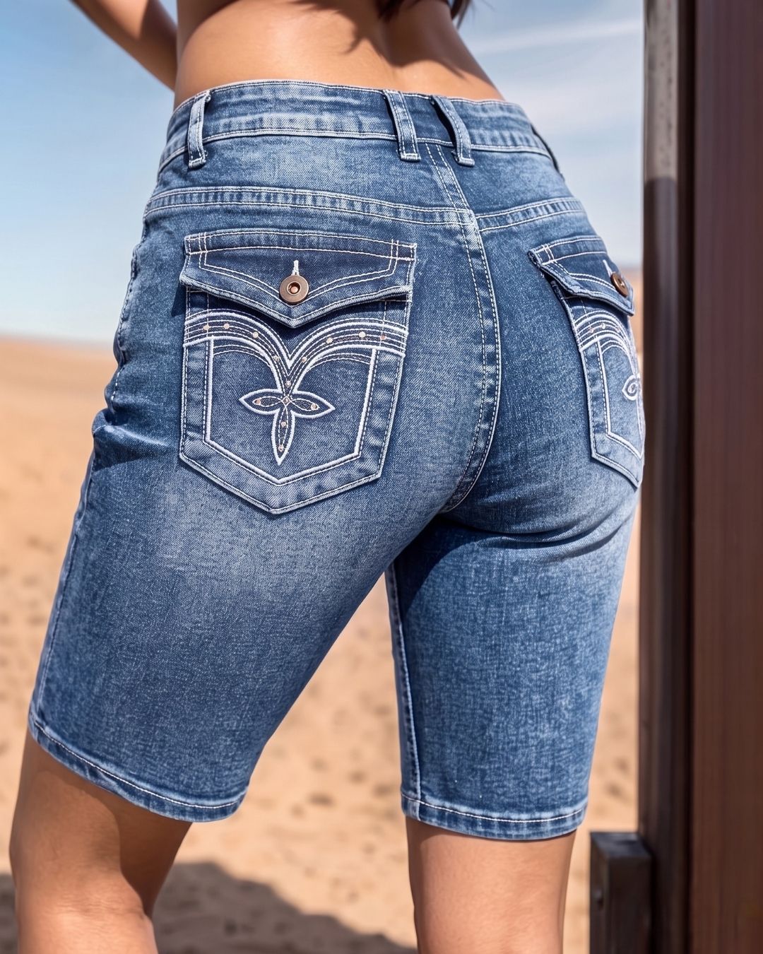 Embroidered Mid-Waist Denim Bermuda Shorts