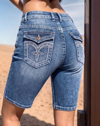Embroidered Mid-Waist Denim Bermuda Shorts