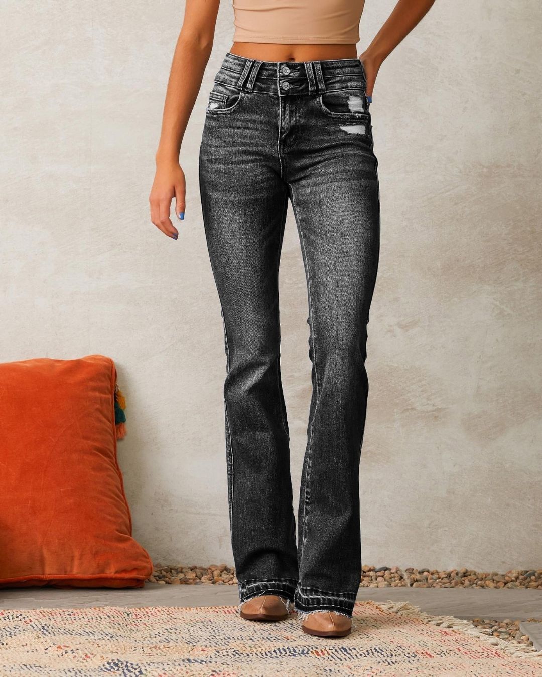 Dual-Button Mid-Waist Bootcut Jeans