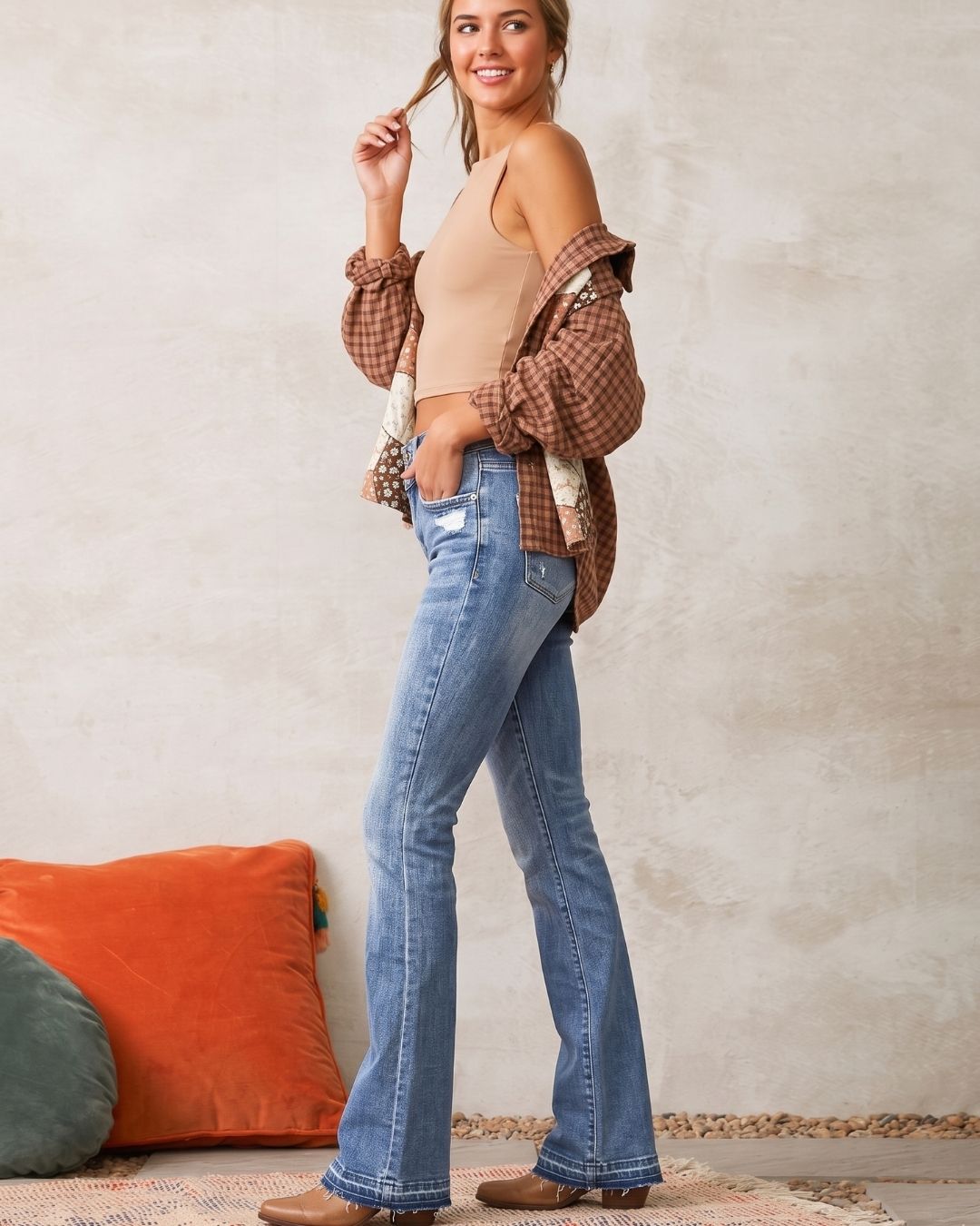 Dual-Button Mid-Waist Bootcut Jeans