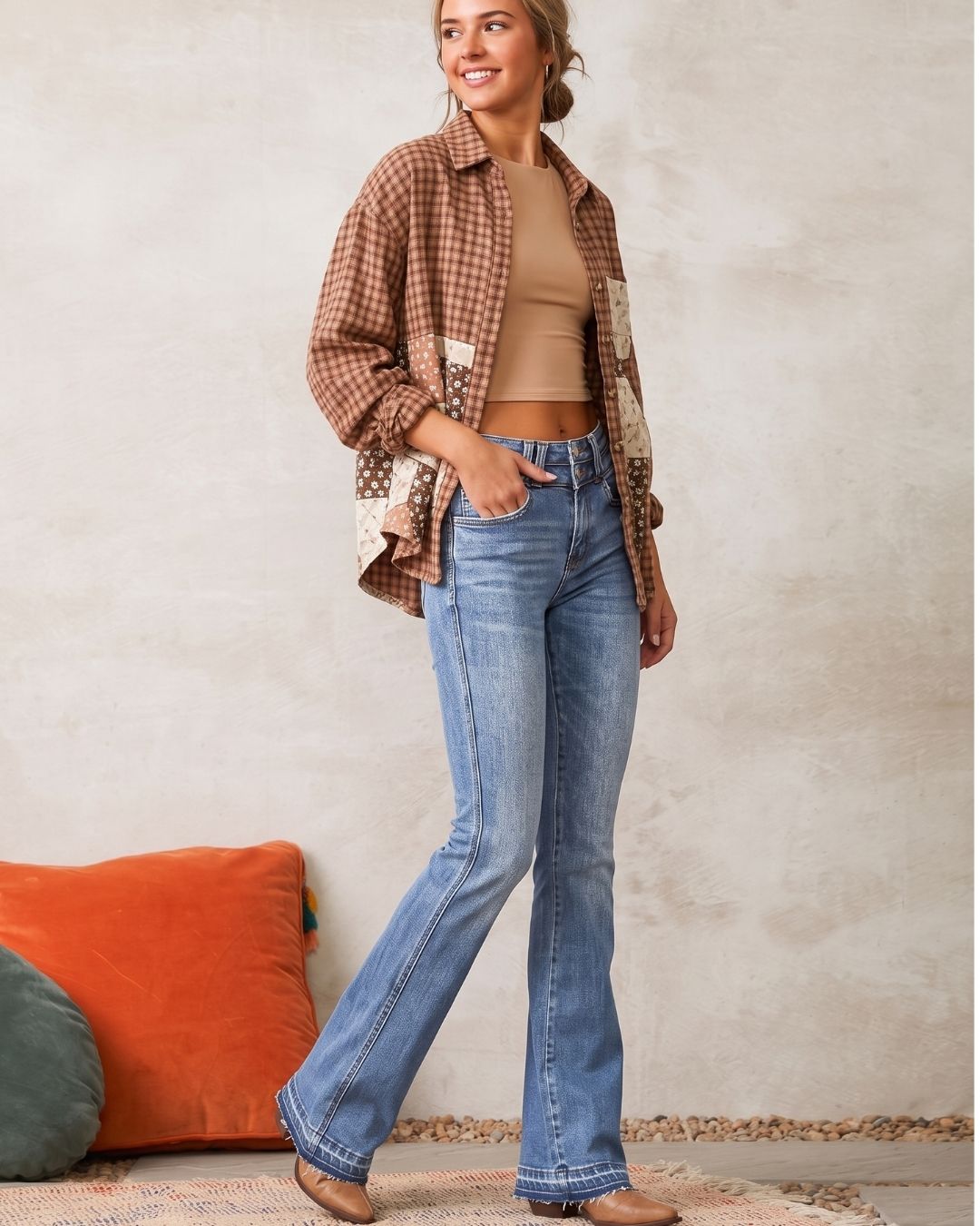 Dual-Button Mid-Waist Bootcut Jeans