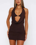 Halter Cowl Neck Ruched Bodycon Mini Dress