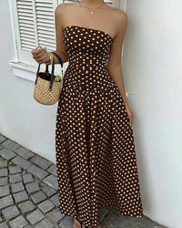 Vintage Polka Dot Strapless Ruffle Maxi Dress