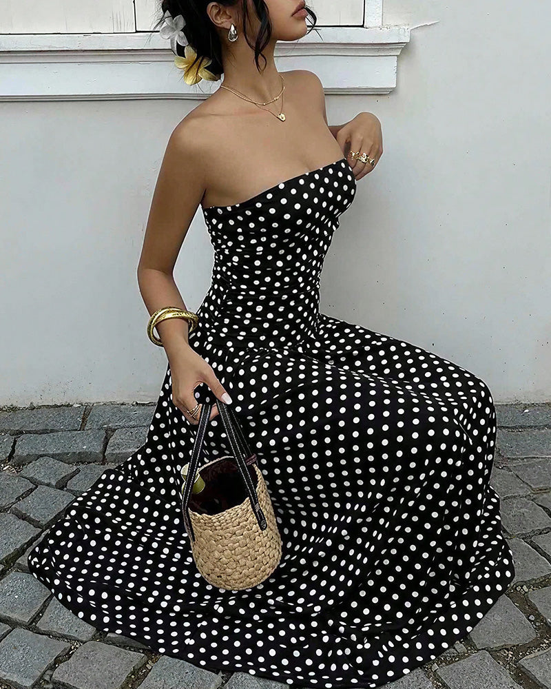 Vintage Polka Dot Strapless Ruffle Maxi Dress