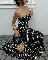 Vintage Polka Dot Strapless Ruffle Maxi Dress