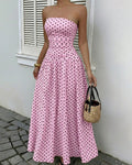 Vintage Polka Dot Strapless Ruffle Maxi Dress