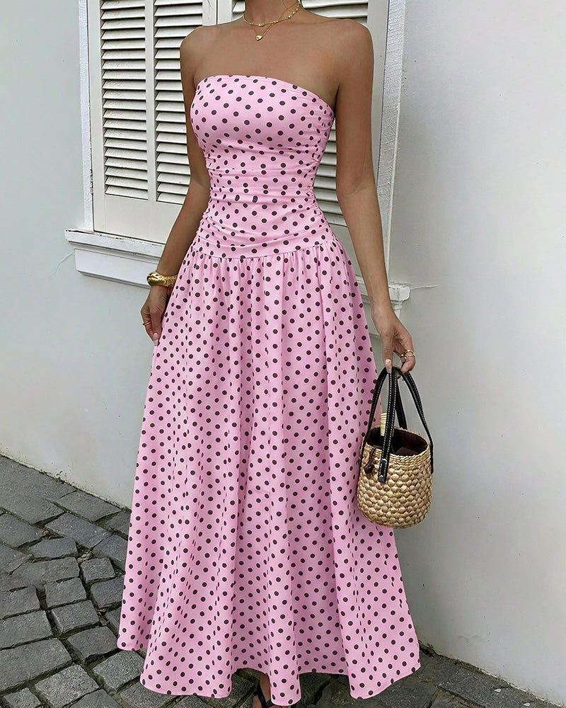 Vestito lungo a balze senza spalline a pois vintage