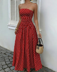 Vintage Polka Dot Strapless Ruffle Maxi Dress