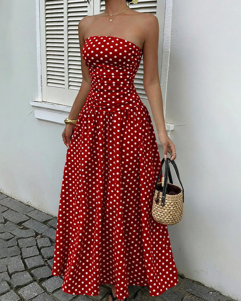 Vestito lungo a balze senza spalline a pois vintage