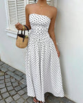 Vintage Polka Dot Strapless Ruffle Maxi Dress