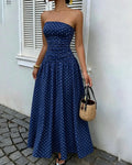 Vintage Polka Dot Strapless Ruffle Maxi Dress