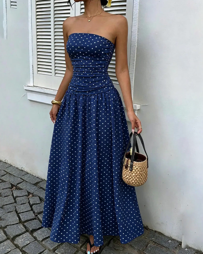 Vestito lungo a balze senza spalline a pois vintage