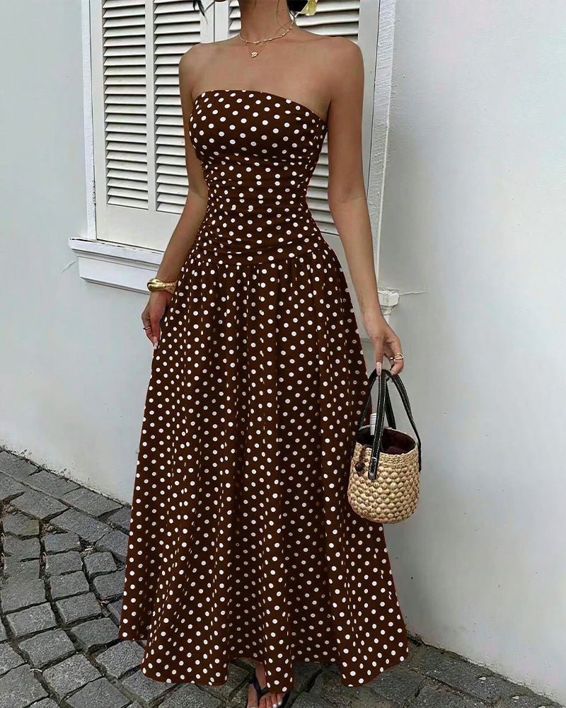 Vestito lungo a balze senza spalline a pois vintage