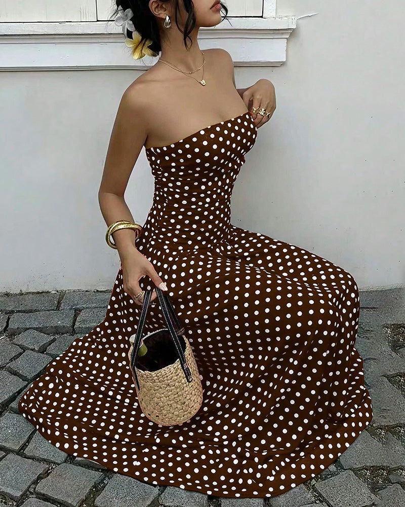 Vestito lungo a balze senza spalline a pois vintage