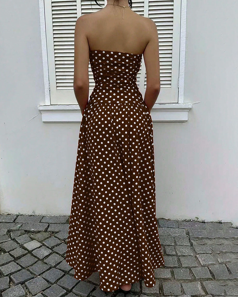 Vestito lungo a balze senza spalline a pois vintage