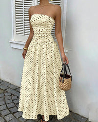 Vintage Polka Dot Strapless Ruffle Maxi Dress