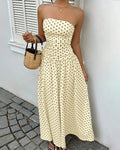 Vintage Polka Dot Strapless Ruffle Maxi Dress