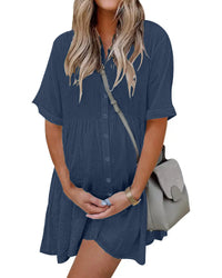 Effortless Button-Down Short Sleeve Shirt Dress with Pockets