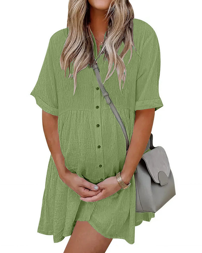 Effortless Button-Down Short Sleeve Shirt Dress with Pockets