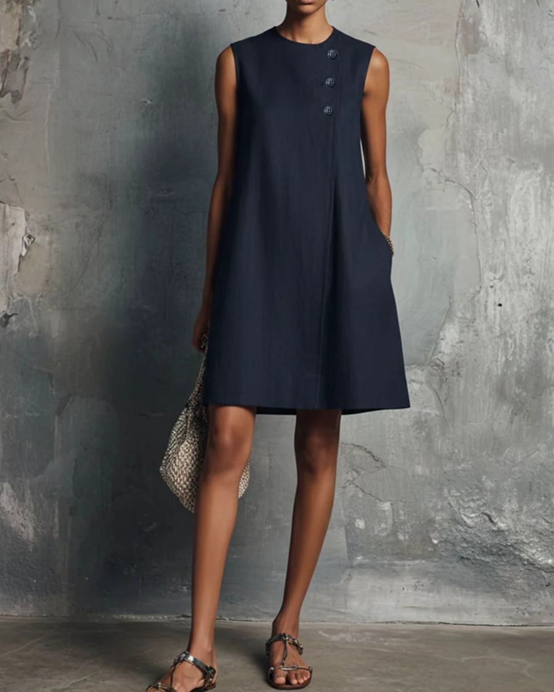 Commuter Round Neck Buttons Mini Dress
