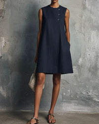 Commuter Round Neck Buttons Mini Dress