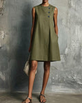 Commuter Round Neck Buttons Mini Dress