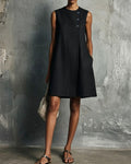 Commuter Round Neck Buttons Mini Dress