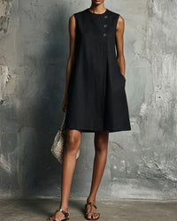 Commuter Round Neck Buttons Mini Dress
