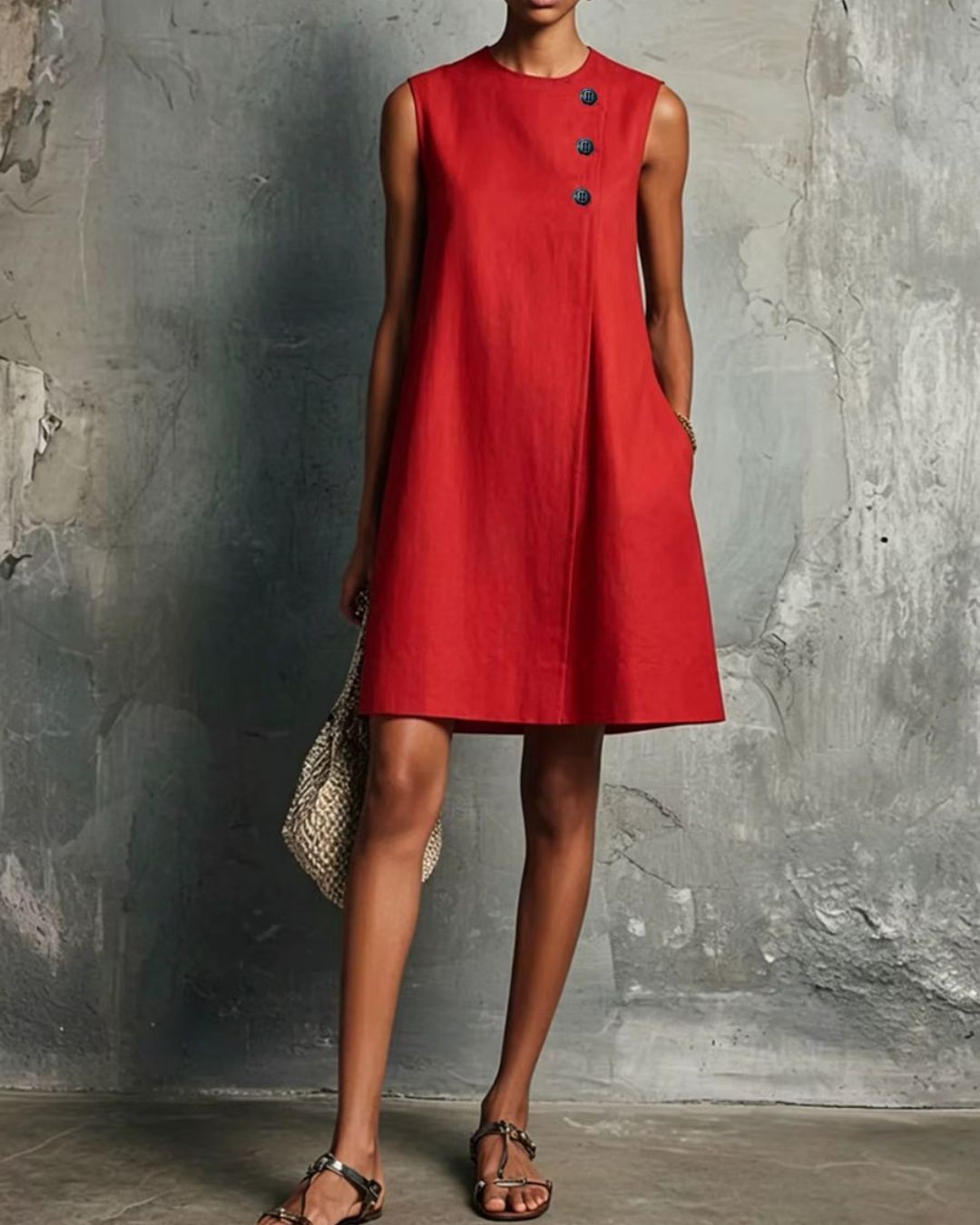 Commuter Round Neck Buttons Mini Dress