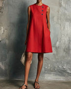 Linen Round Neck Buttons Mini Dress
