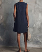 Linen Round Neck Buttons Mini Dress