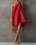 One-Shoulder Sleeveless Frayed Hem Mini Dress