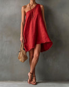 One-Shoulder Frayed Hem Mini Dress