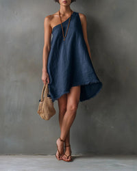 One-Shoulder Sleeveless Frayed Hem Mini Dress