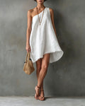 One-Shoulder Sleeveless Frayed Hem Mini Dress