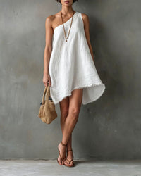 One-Shoulder Sleeveless Frayed Hem Mini Dress