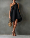 One-Shoulder Sleeveless Frayed Hem Mini Dress