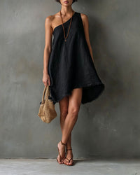 One-Shoulder Sleeveless Frayed Hem Mini Dress