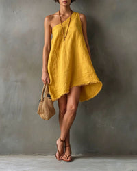 One-Shoulder Sleeveless Frayed Hem Mini Dress