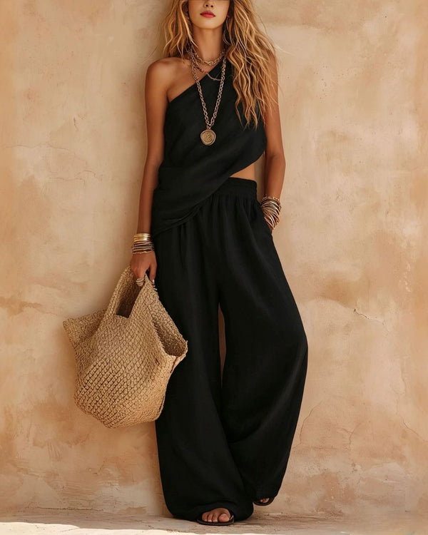 Casual One-Shoulder Ruched Set