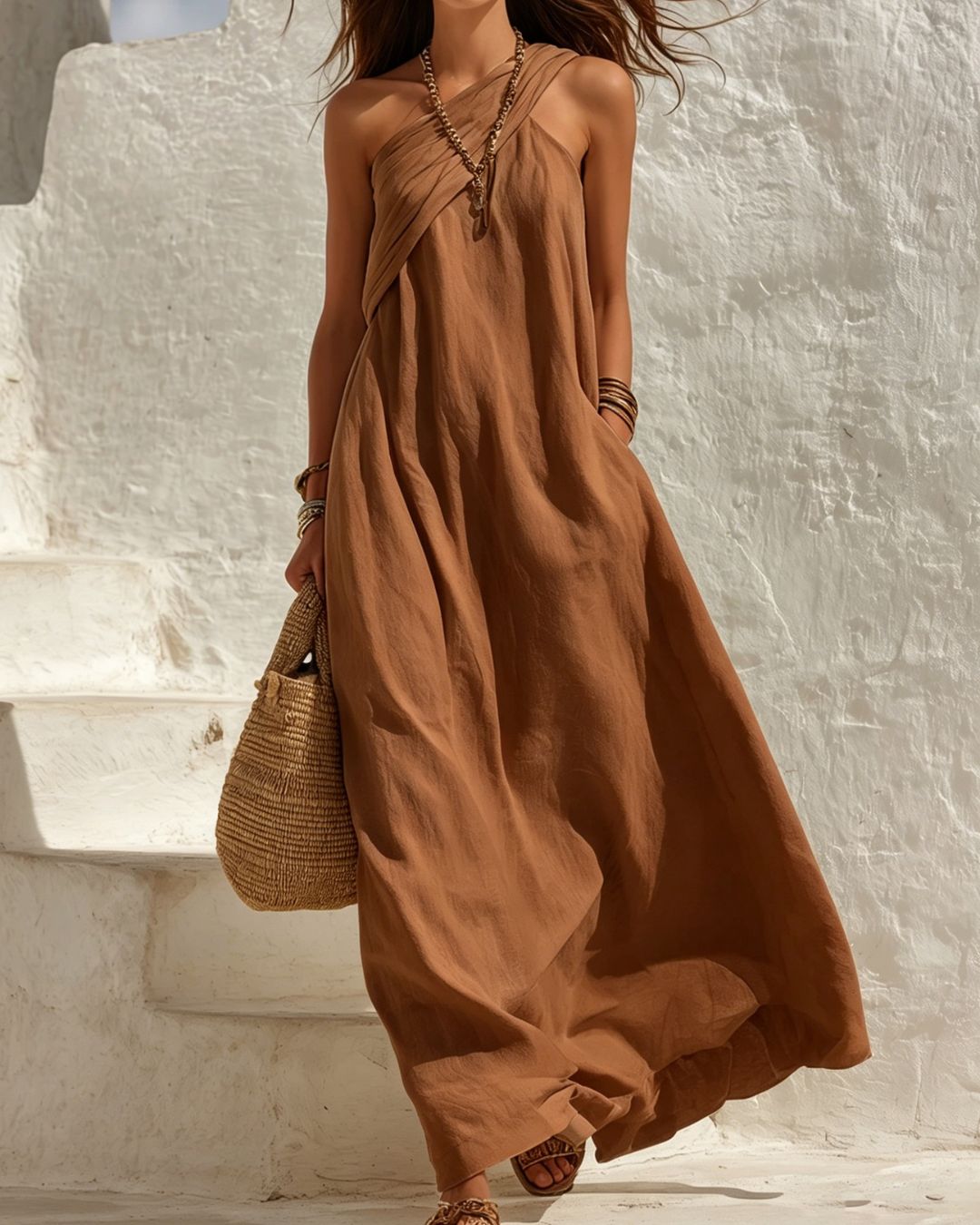 Vestito morbido monospalla arricciato con nodo