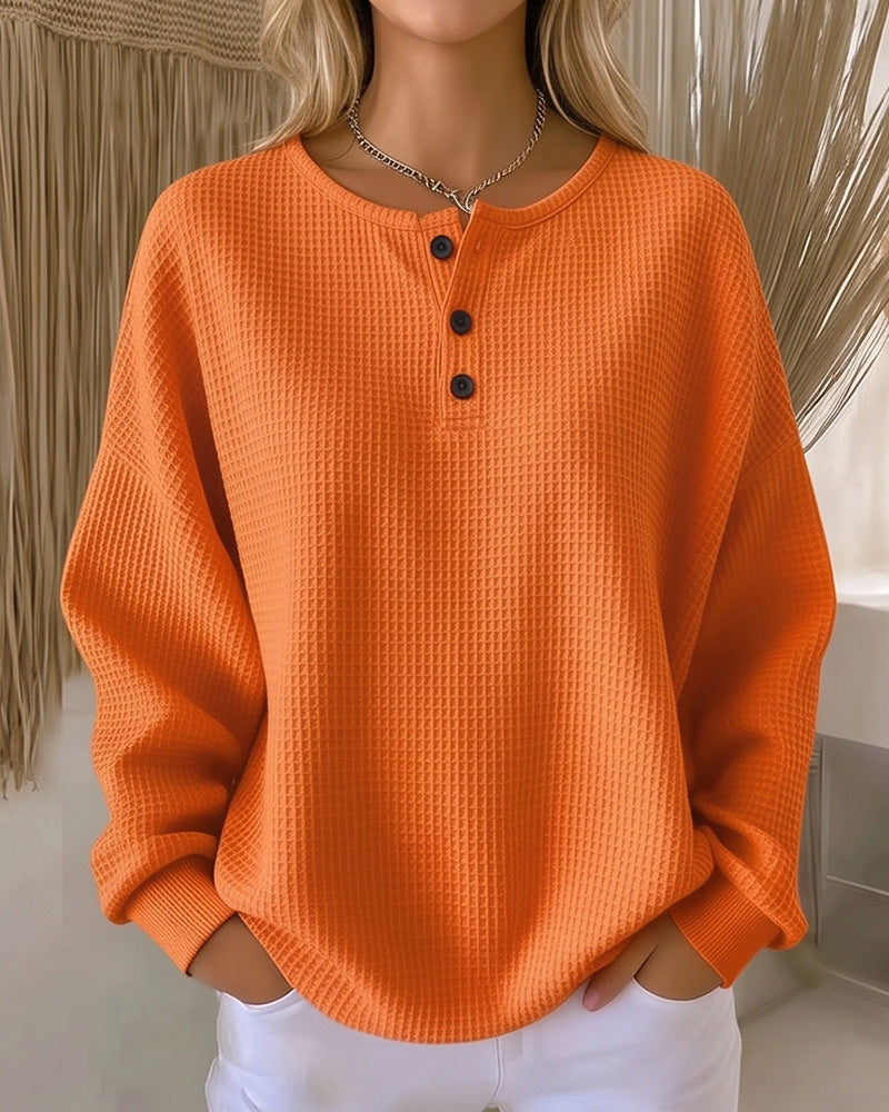 Waffle Knit Button-Front Pullover Top