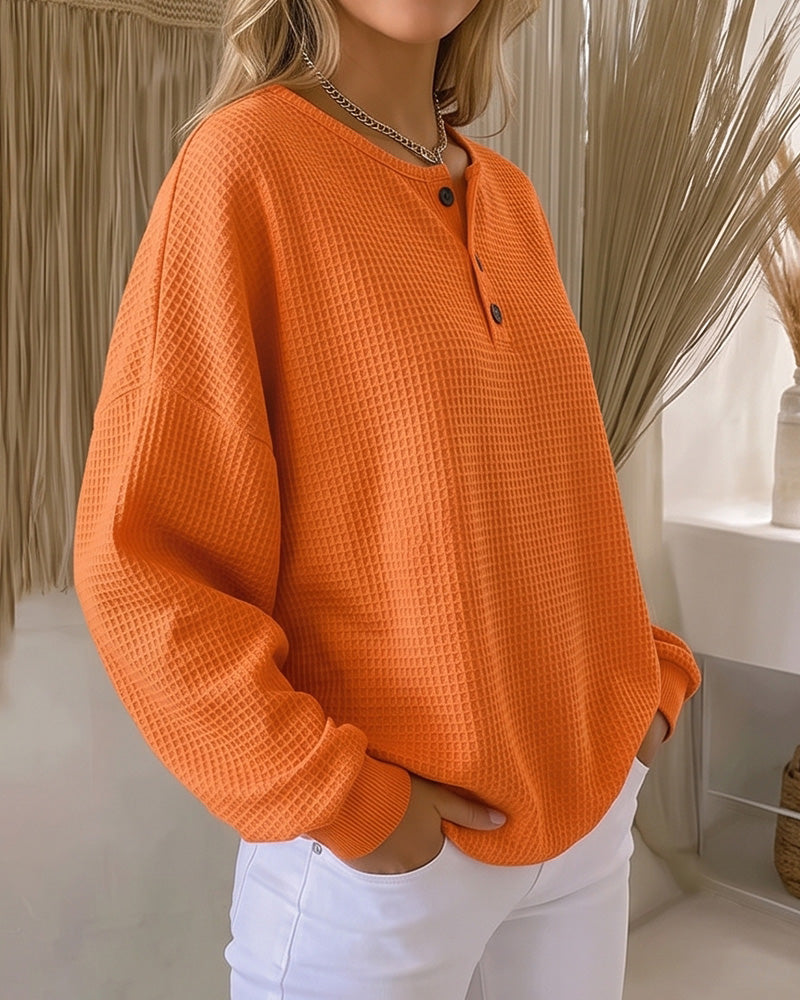 Waffle Knit Button-Front Pullover Top