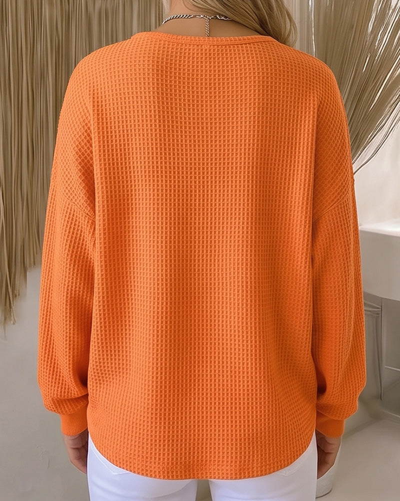 Waffle Knit Button-Front Pullover Top