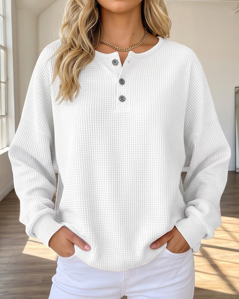 Waffle Knit Button-Front Pullover Top