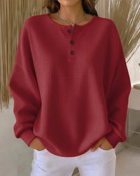 Waffle Knit Button-Front Pullover Top