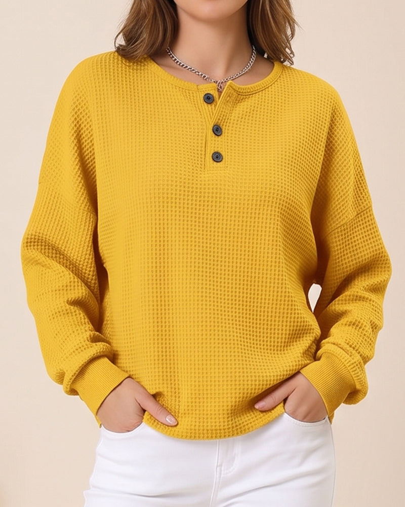 Waffle Knit Button-Front Pullover Top