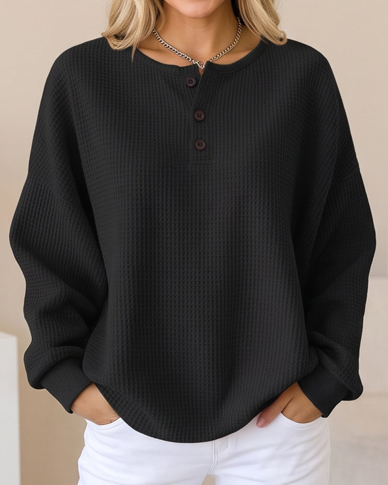 Waffle Knit Button-Front Pullover Top